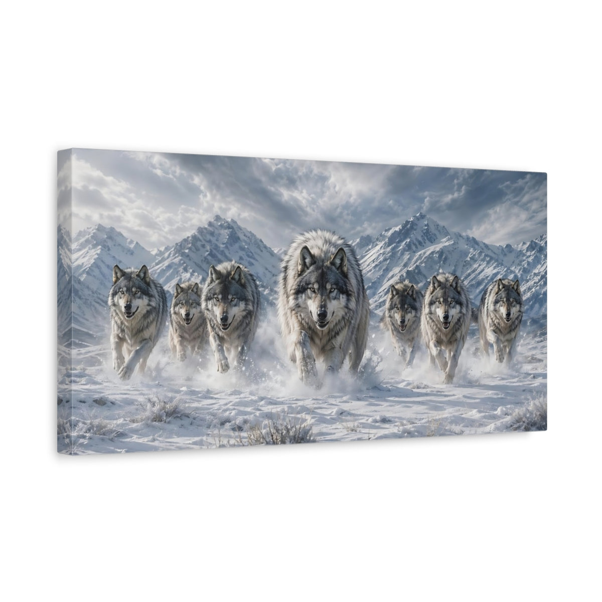 Side Mockup 3. Animals Wolf Pack Grey And White shown as stretched canvas wall art
