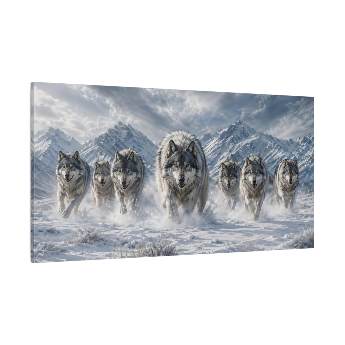Side Mockup 2. Animals Wolf Pack Grey And White shown as stretched canvas wall art