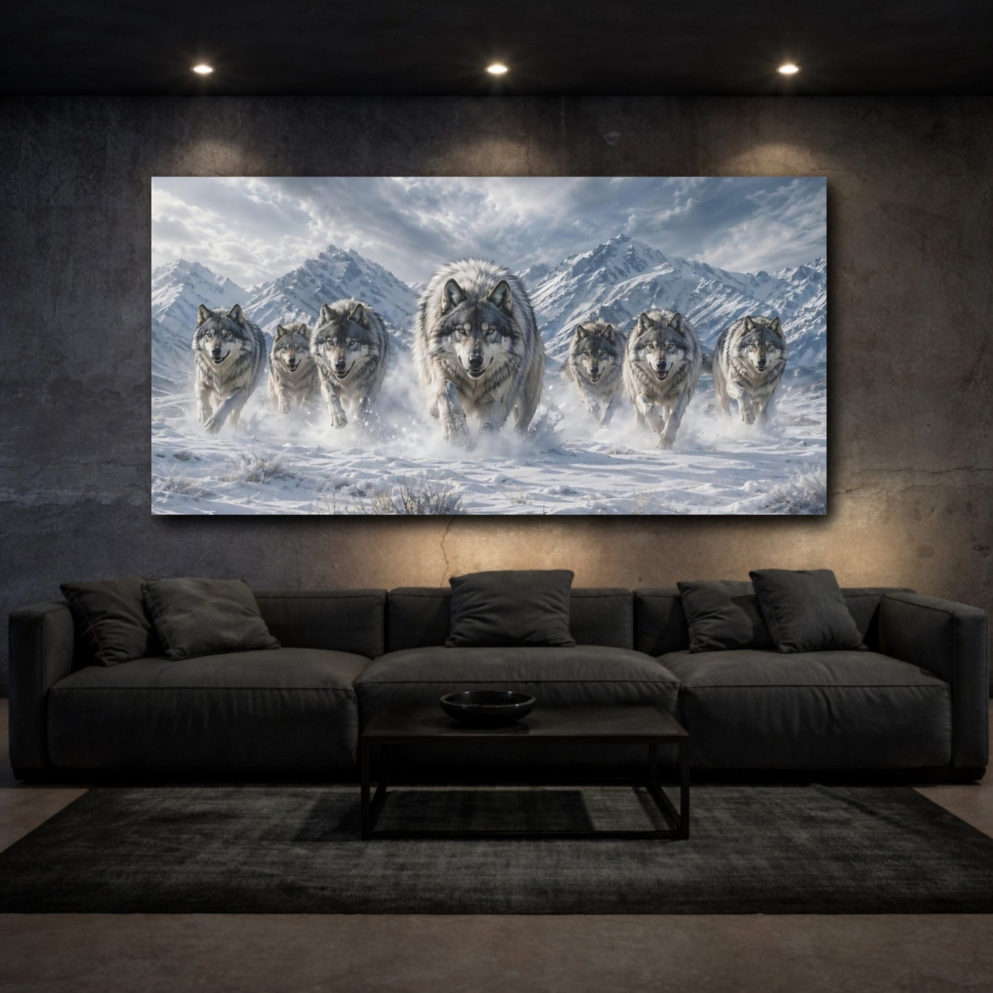 Mockup 2. Animals Wolf Pack Grey And White shown as stretched canvas wall art