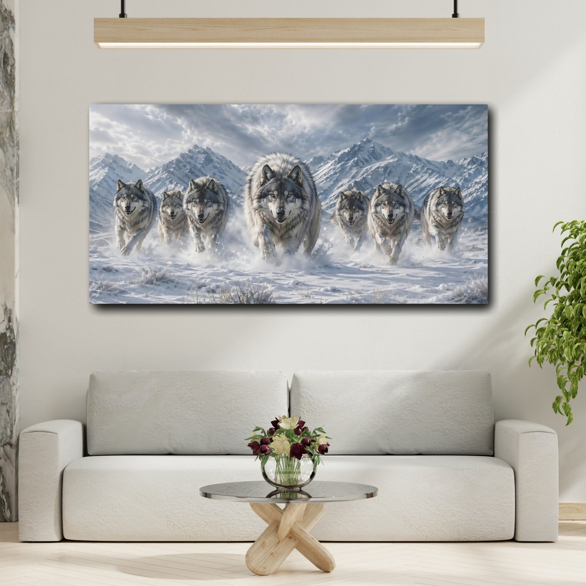 Mockup 3. Animals Wolf Pack Grey And White shown as stretched canvas wall art