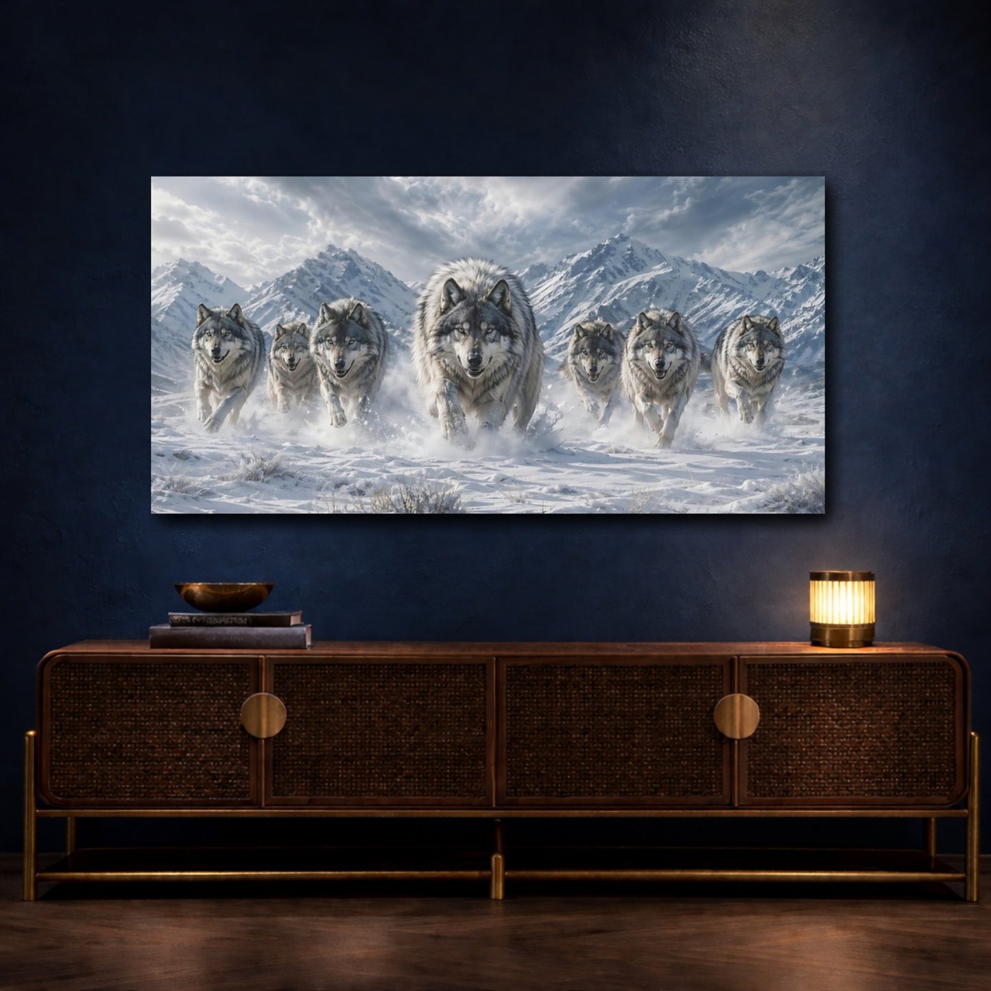 Mockup 4. Animals Wolf Pack Grey And White shown as stretched canvas wall art