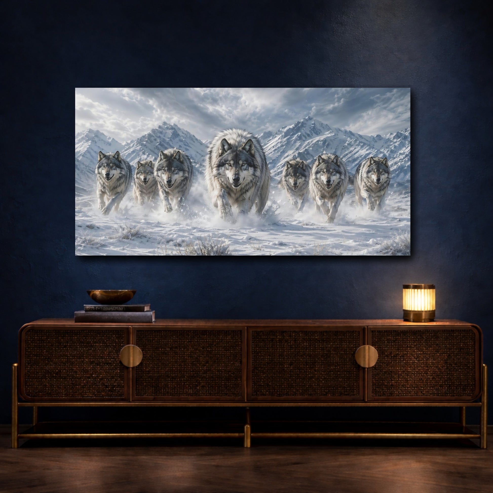 Mockup 4. Animals Wolf Pack Grey And White shown as stretched canvas wall art
