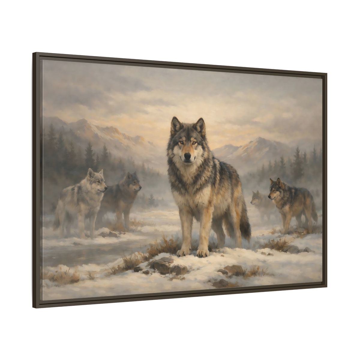 Main Mockup. Animals Wolf Pack Winter Wolves shown as stretched canvas wall art