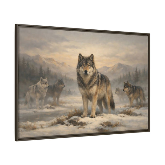 Main Mockup. Animals Wolf Pack Winter Wolves shown as stretched canvas wall art