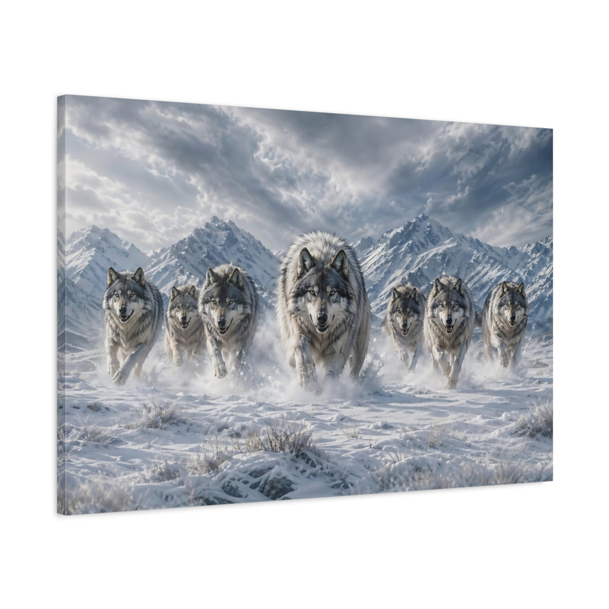 Main Mockup. Animals Wolf Pack Winter Wolves shown as stretched canvas wall art