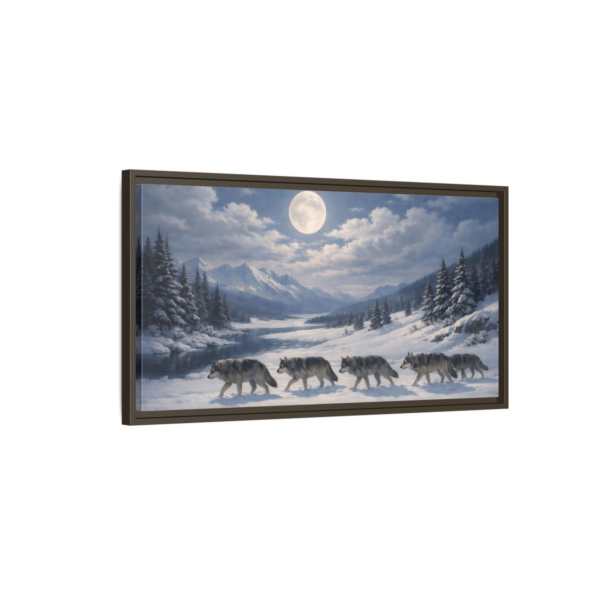 Main Mockup. Animals Wolf Pack Winter Wolves shown as stretched canvas wall art