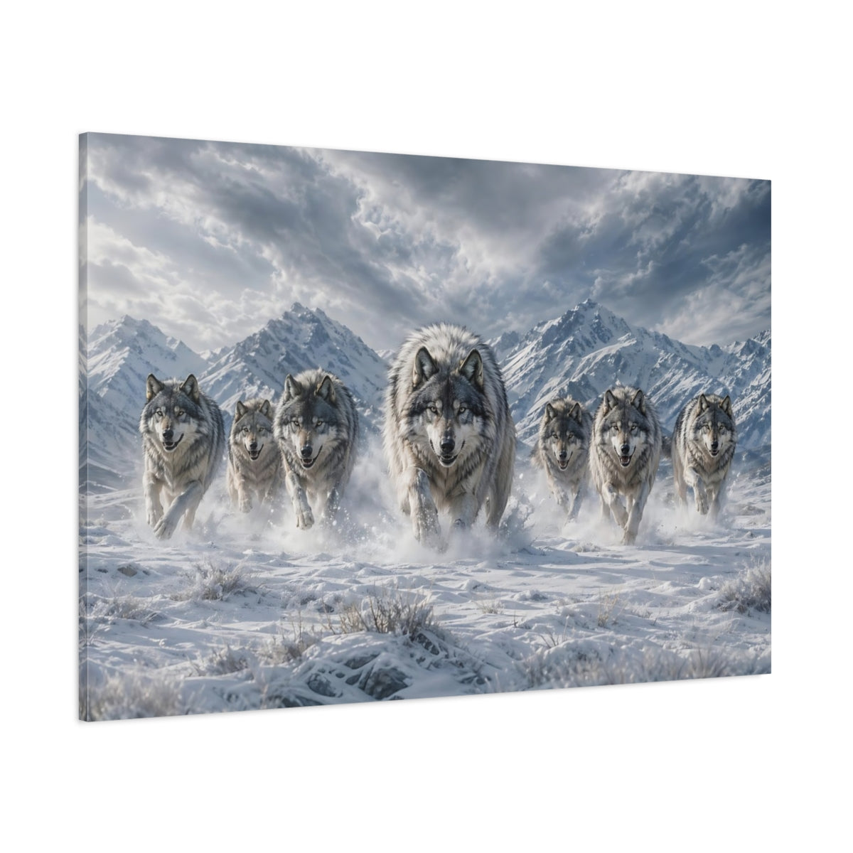 Side Mockup 1. Animals Wolf Pack Winter Wolves shown as stretched canvas wall art