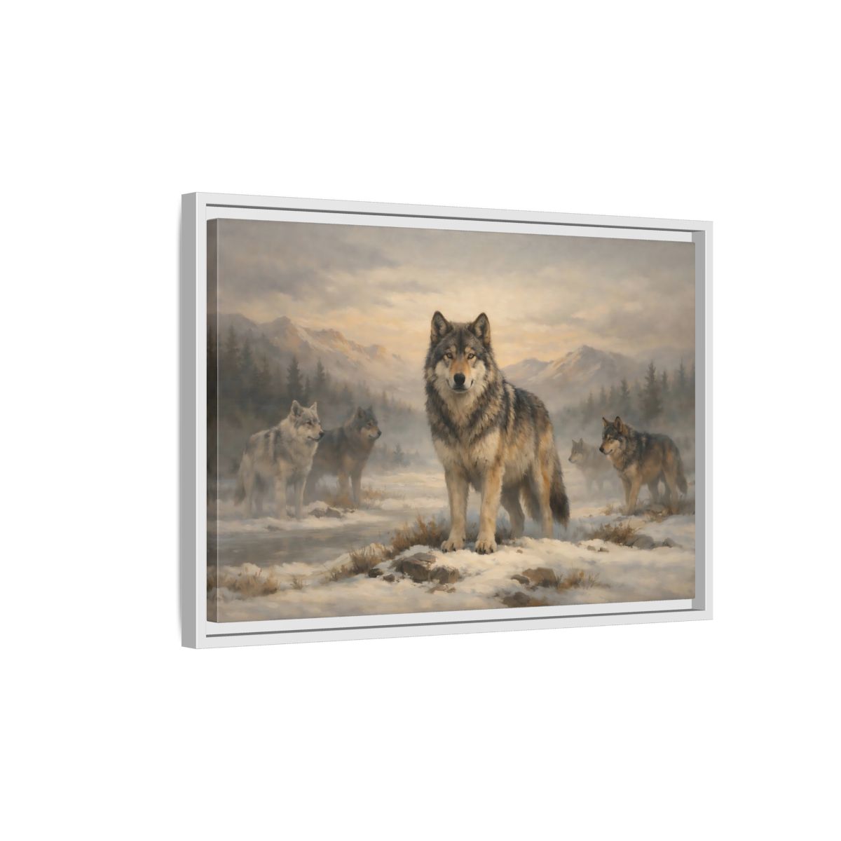 Side Mockup 1. Animals Wolf Pack Winter Wolves shown as stretched canvas wall art