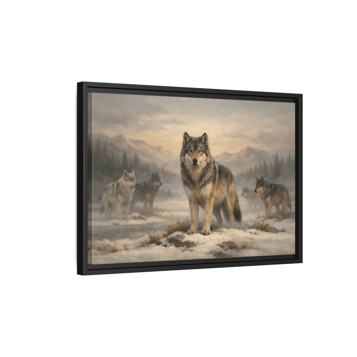 Side Mockup 3. Animals Wolf Pack Winter Wolves shown as stretched canvas wall art