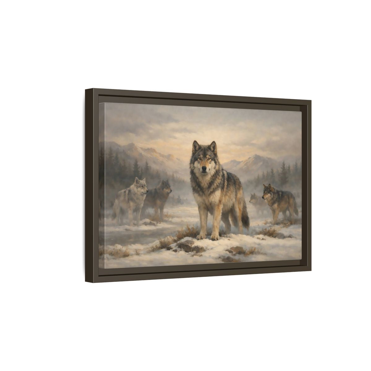 Side Mockup 5. Animals Wolf Pack Winter Wolves shown as stretched canvas wall art