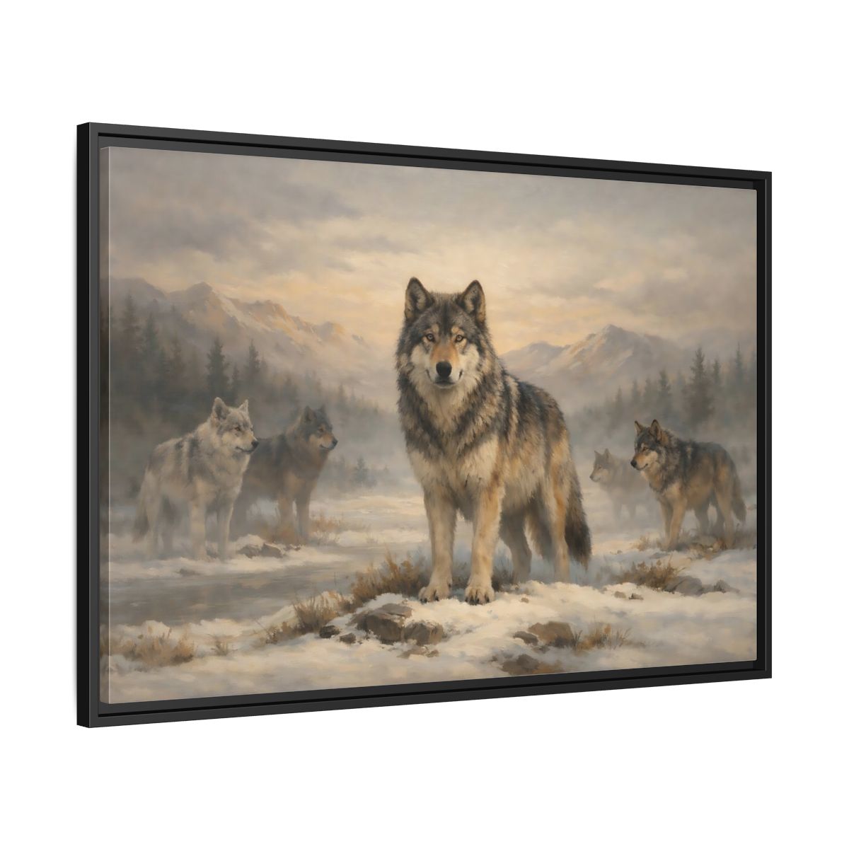 Side Mockup 13. Animals Wolf Pack Winter Wolves shown as stretched canvas wall art