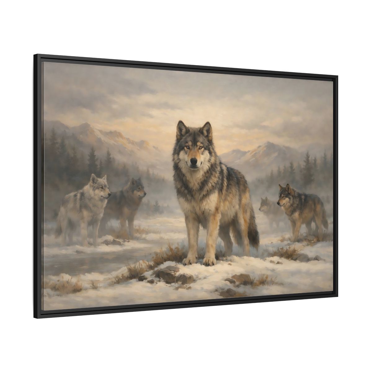 Side Mockup 12. Animals Wolf Pack Winter Wolves shown as stretched canvas wall art