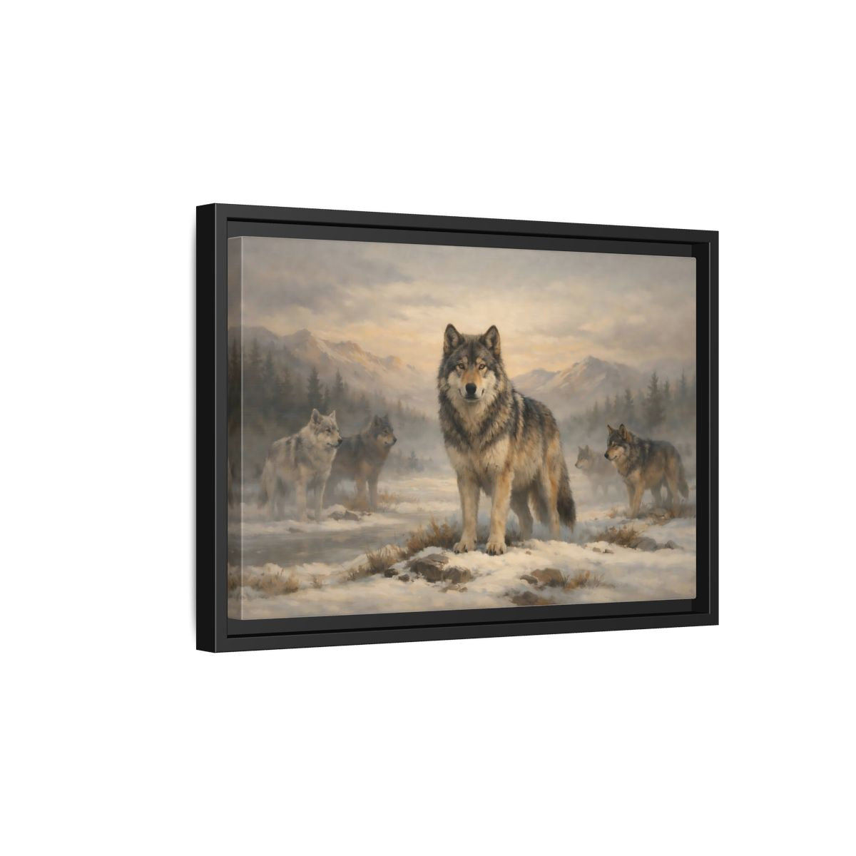 Side Mockup 6. Animals Wolf Pack Winter Wolves shown as stretched canvas wall art