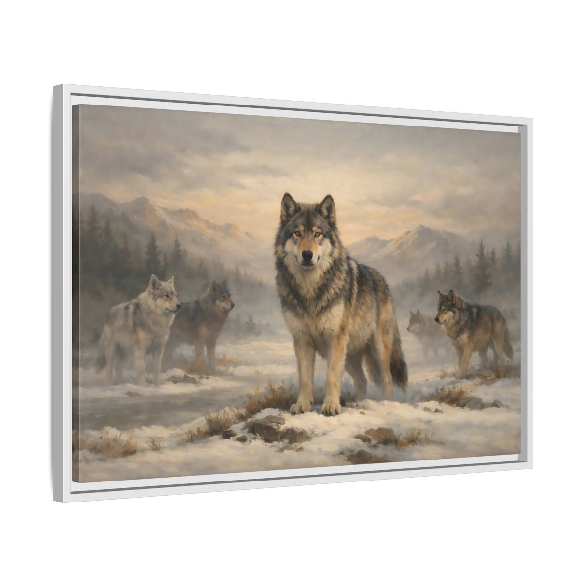 Side Mockup 10. Animals Wolf Pack Winter Wolves shown as stretched canvas wall art