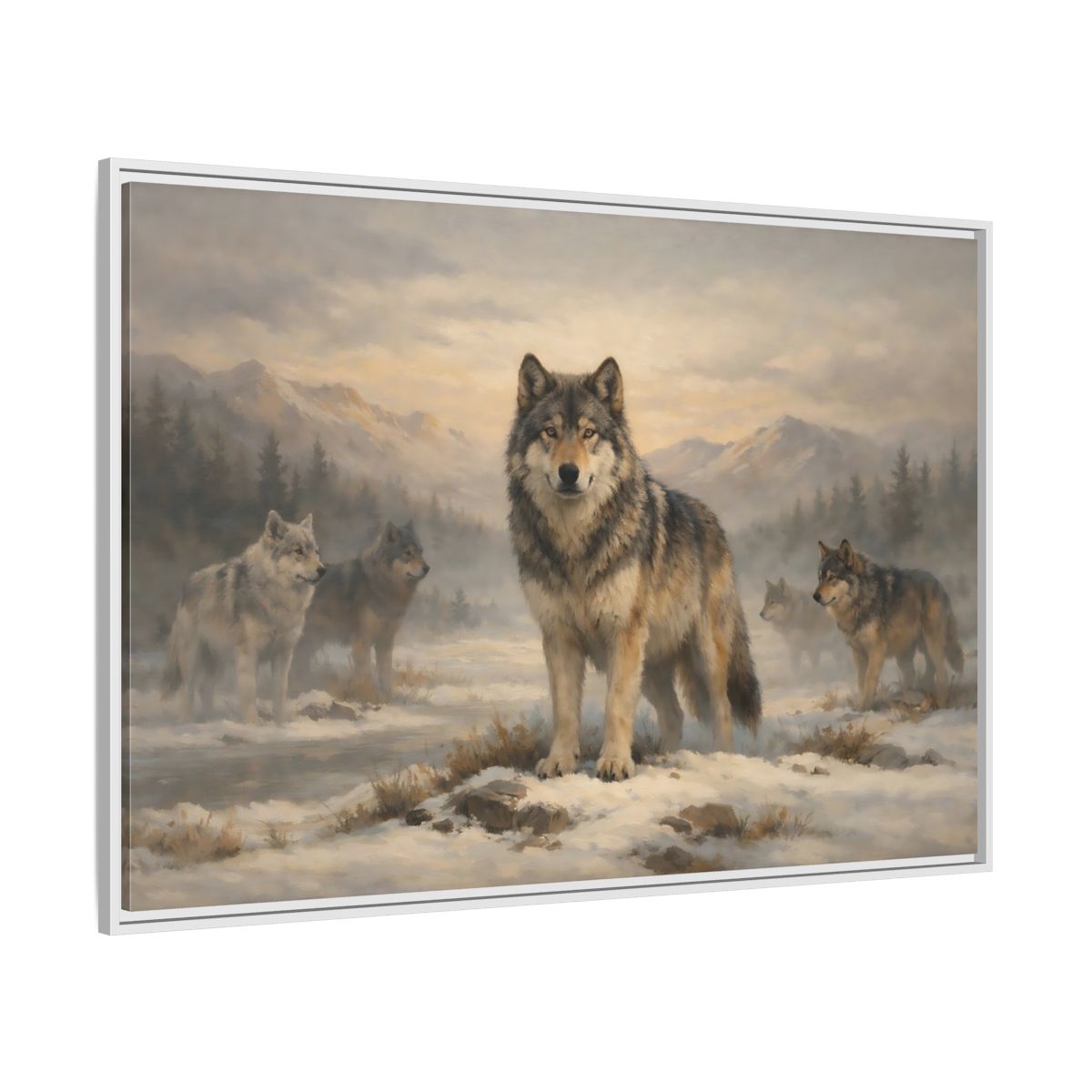 Side Mockup 7. Animals Wolf Pack Winter Wolves shown as stretched canvas wall art