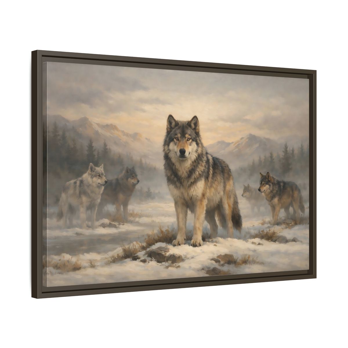 Side Mockup 11. Animals Wolf Pack Winter Wolves shown as stretched canvas wall art
