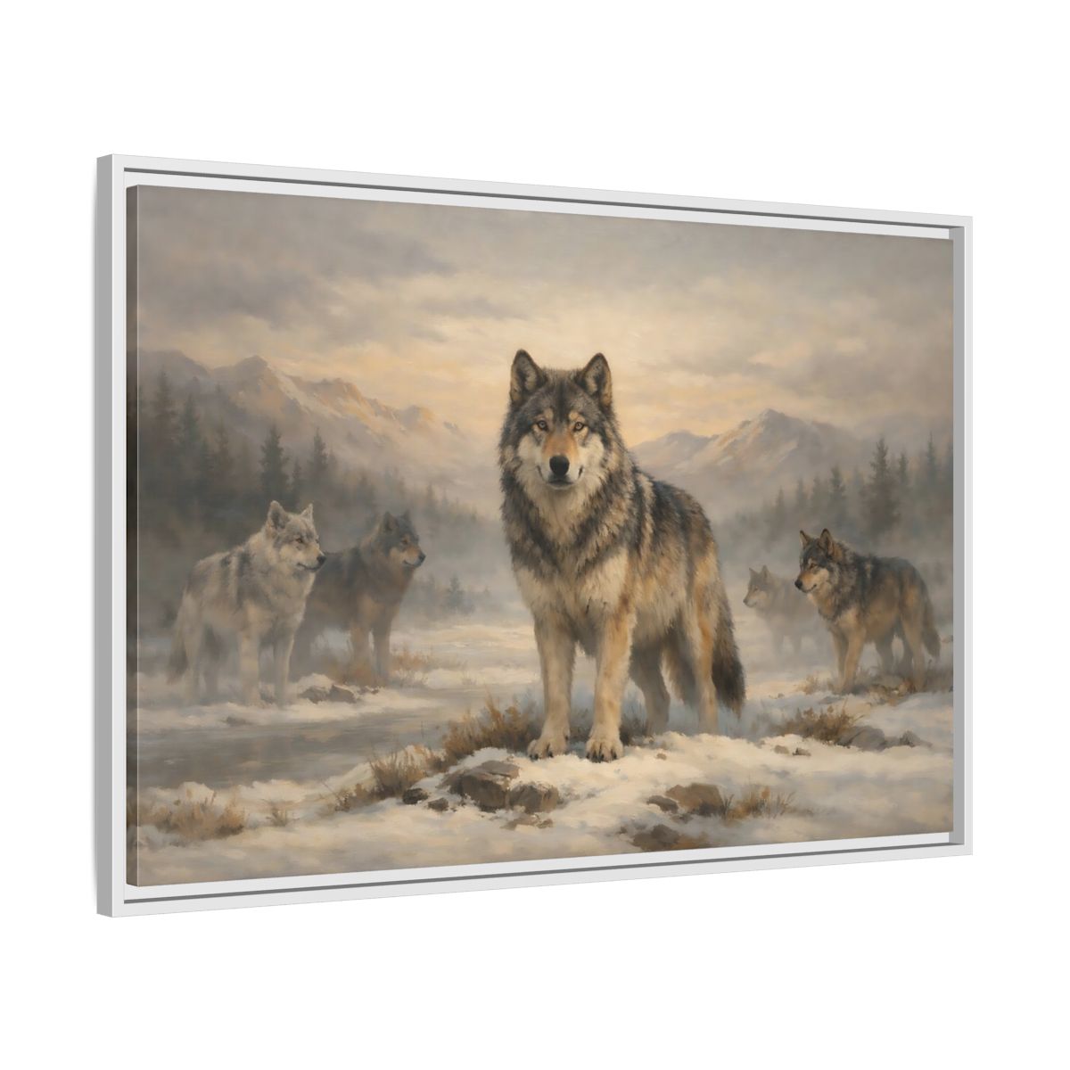 Side Mockup 8. Animals Wolf Pack Winter Wolves shown as stretched canvas wall art