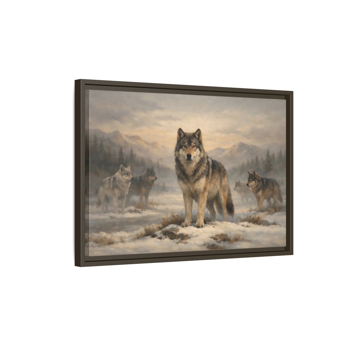 Side Mockup 2. Animals Wolf Pack Winter Wolves shown as stretched canvas wall art