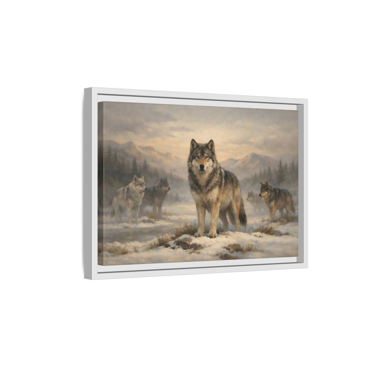 Side Mockup 4. Animals Wolf Pack Winter Wolves shown as stretched canvas wall art