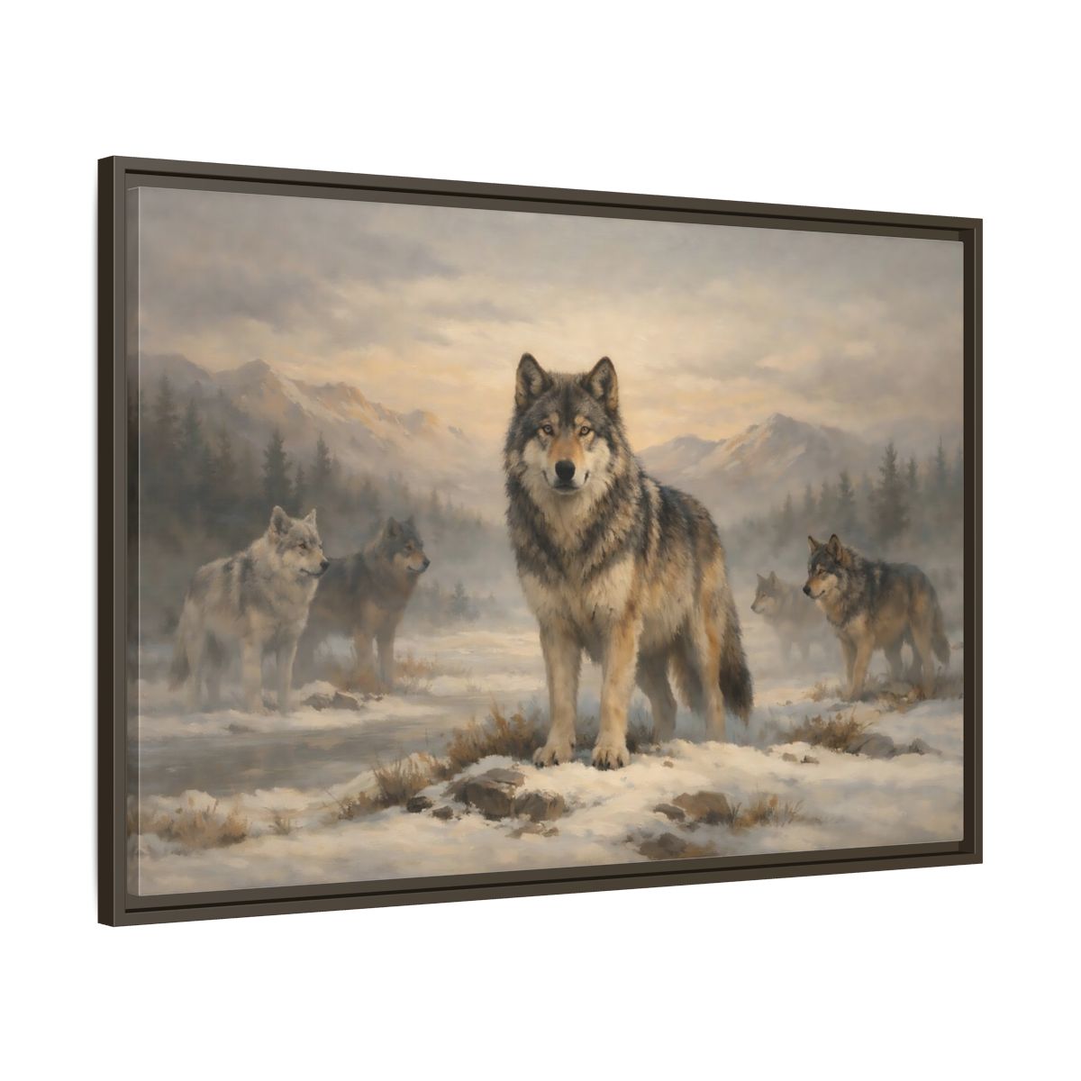 Side Mockup 9. Animals Wolf Pack Winter Wolves shown as stretched canvas wall art