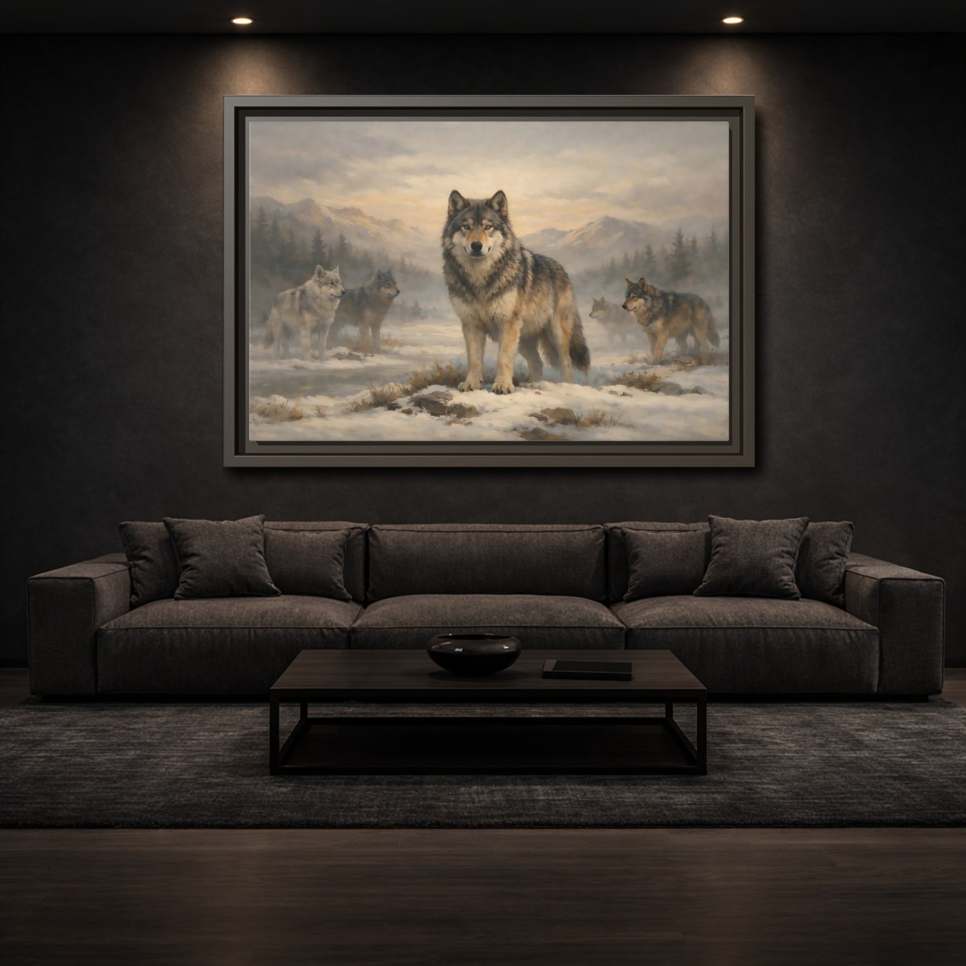 Mockup 2. Animals Wolf Pack Winter Wolves shown as stretched canvas wall art