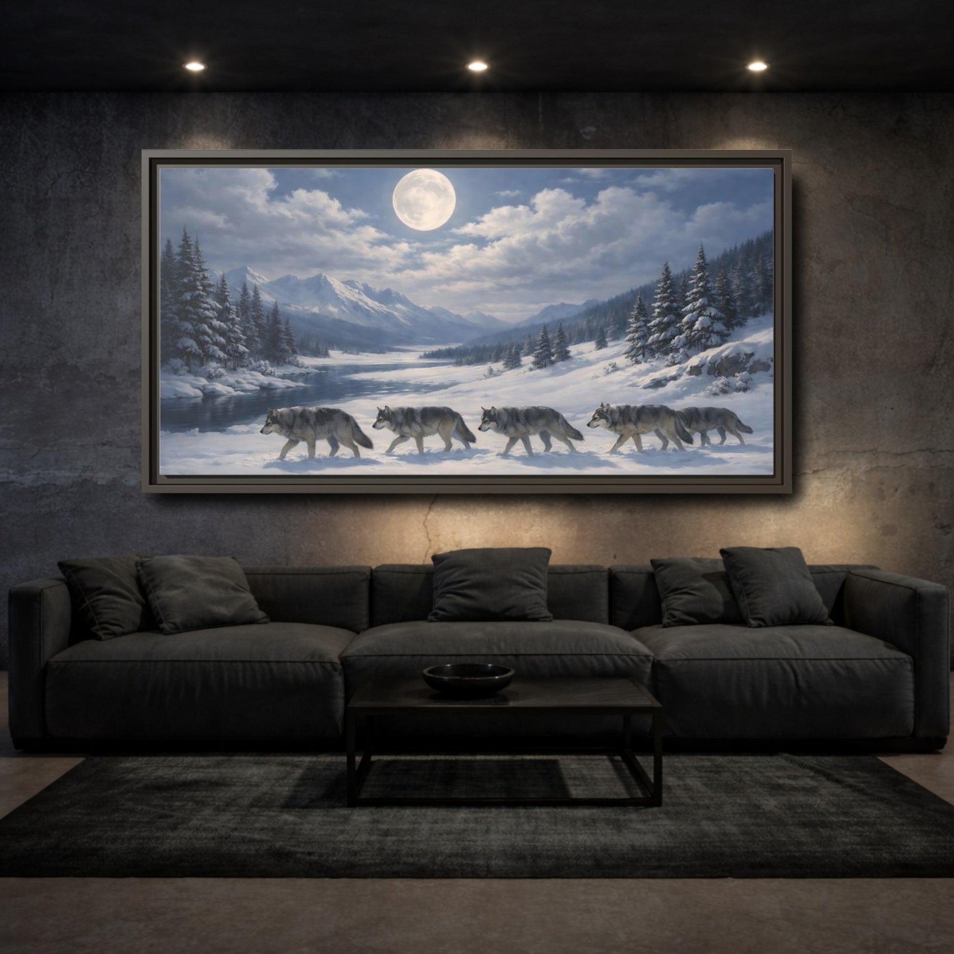 Mockup 2. Animals Wolf Pack Winter Wolves shown as stretched canvas wall art