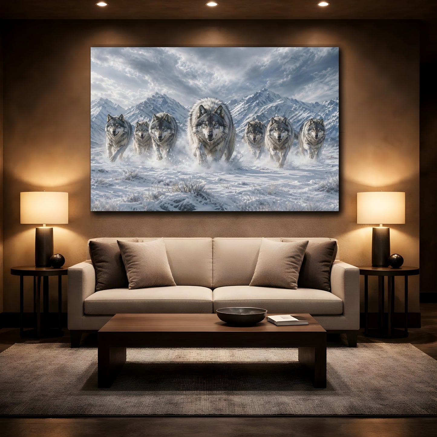 Mockup 2. Animals Wolf Pack Winter Wolves shown as stretched canvas wall art
