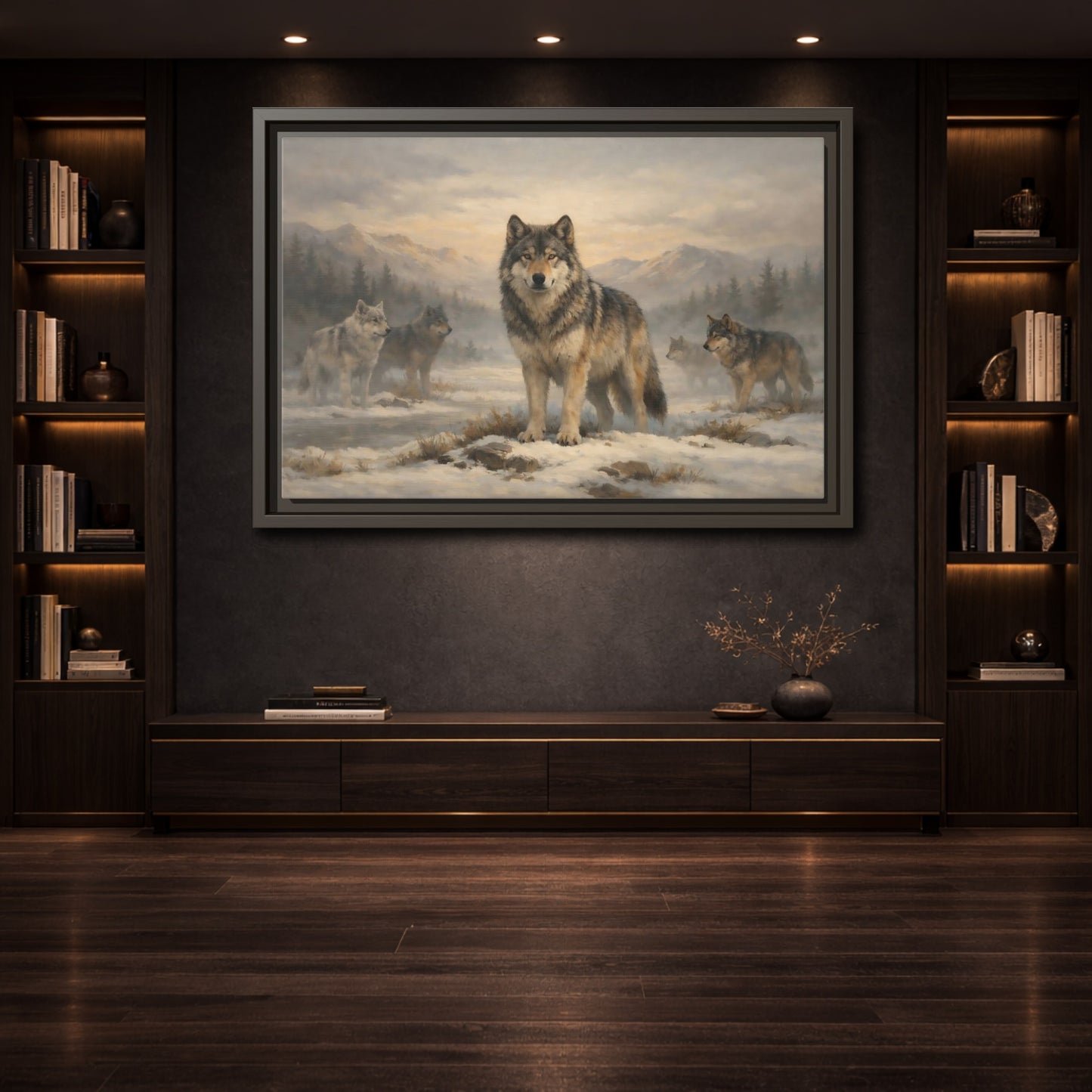 Mockup 3. Animals Wolf Pack Winter Wolves shown as stretched canvas wall art