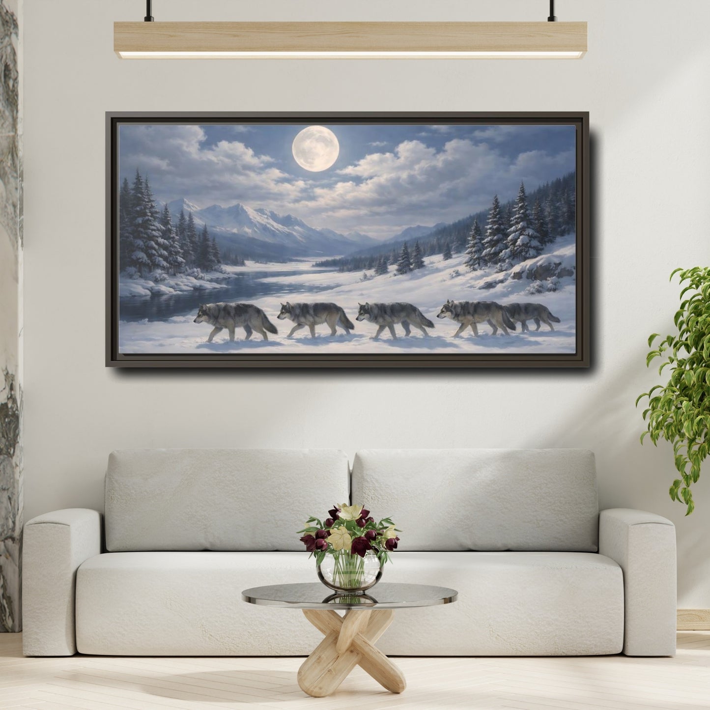Mockup 3. Animals Wolf Pack Winter Wolves shown as stretched canvas wall art