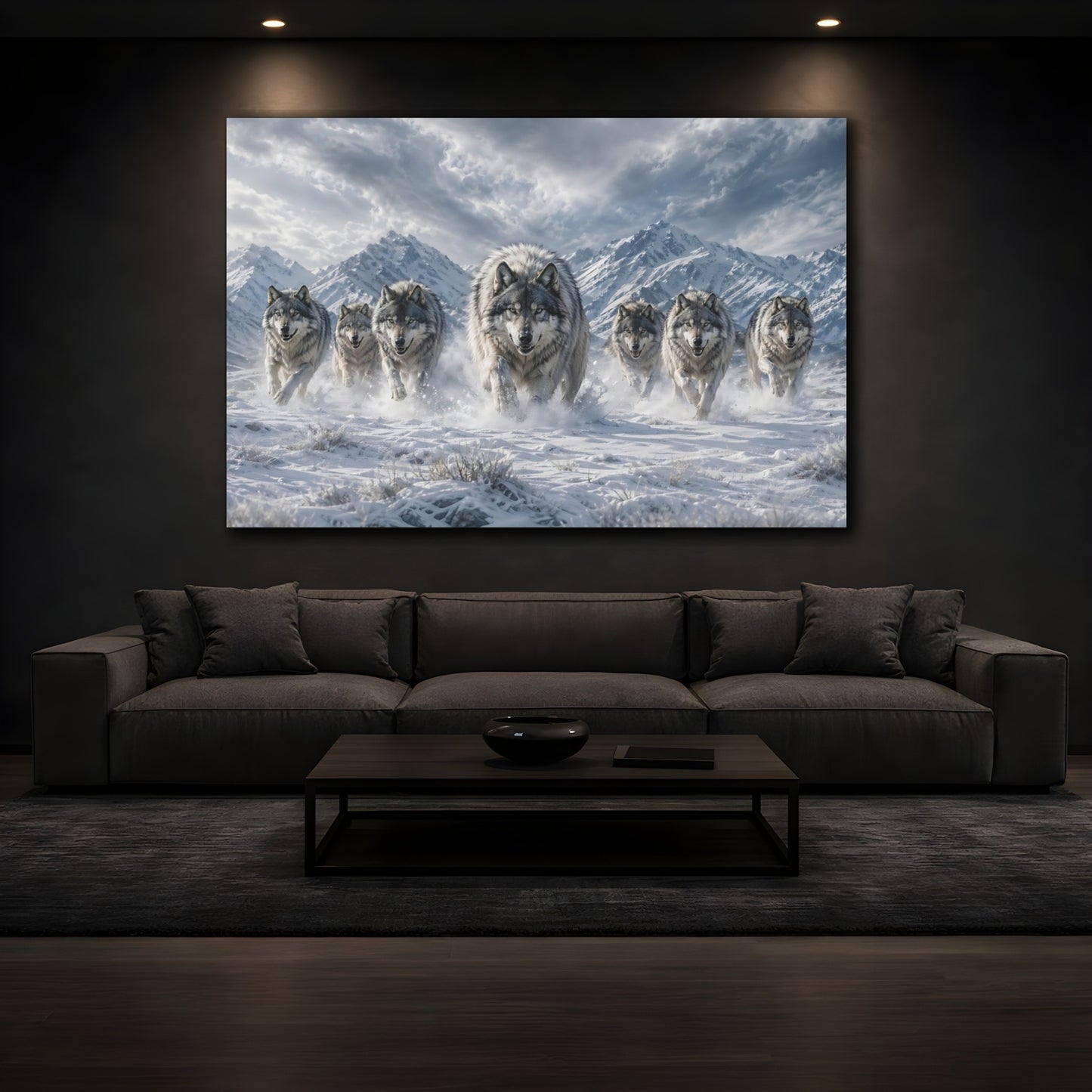 Mockup 3. Animals Wolf Pack Winter Wolves shown as stretched canvas wall art