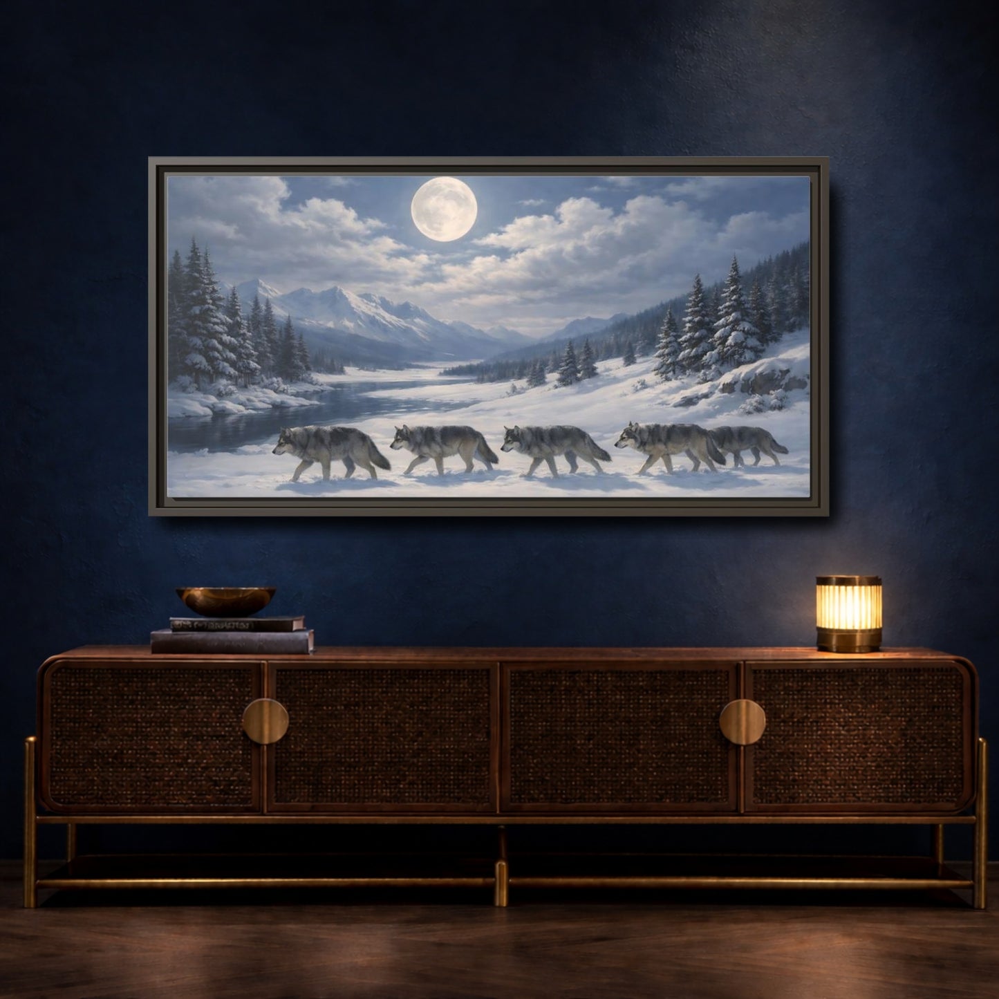 Mockup 4. Animals Wolf Pack Winter Wolves shown as stretched canvas wall art