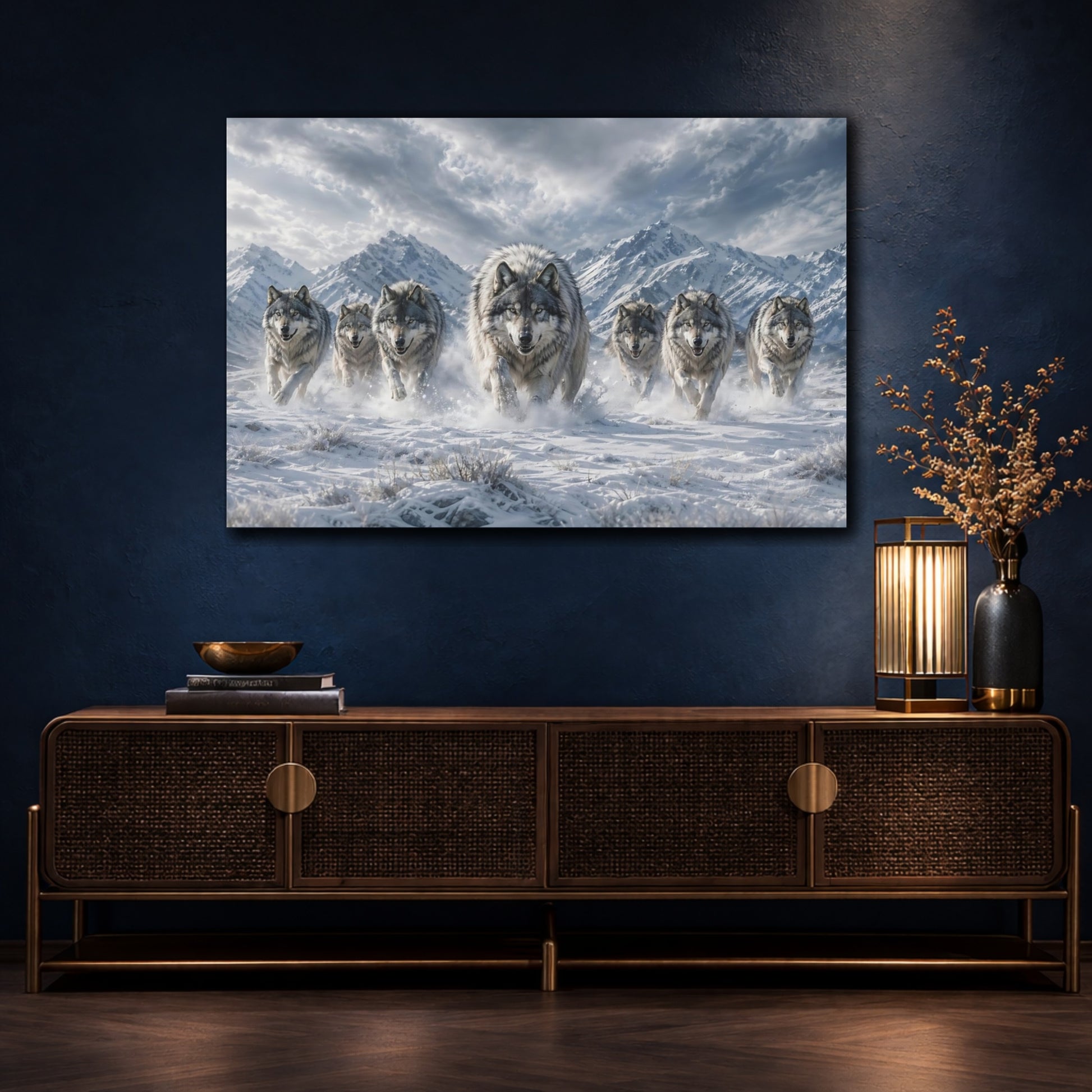 Mockup 4. Animals Wolf Pack Winter Wolves shown as stretched canvas wall art