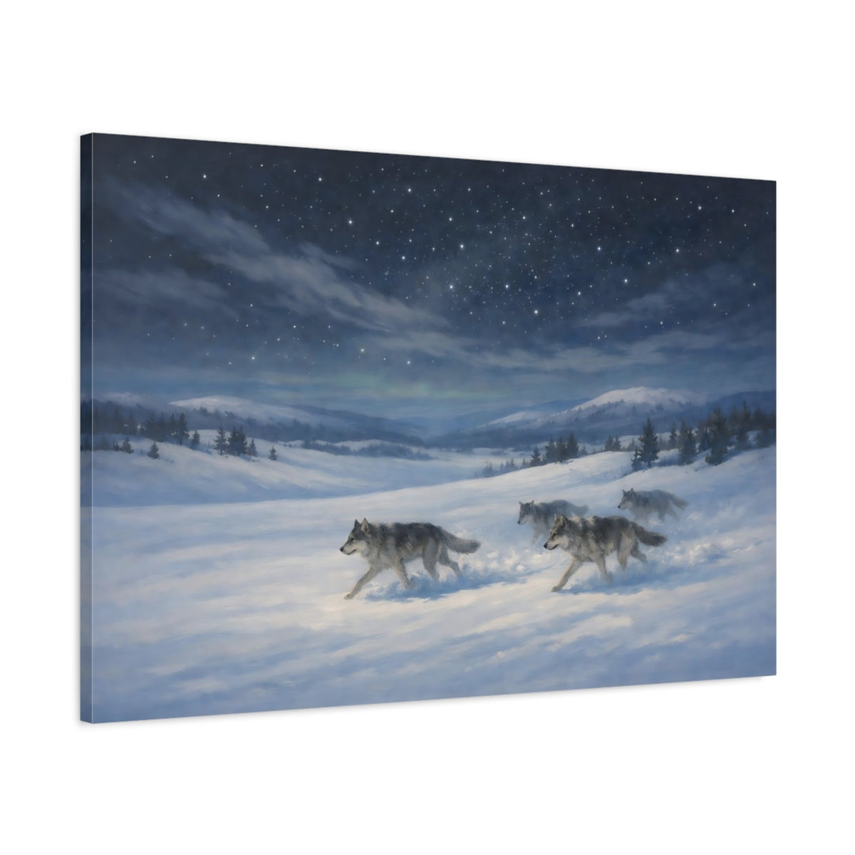 Main Mockup. Animals Wolves Blue And White shown as stretched canvas wall art