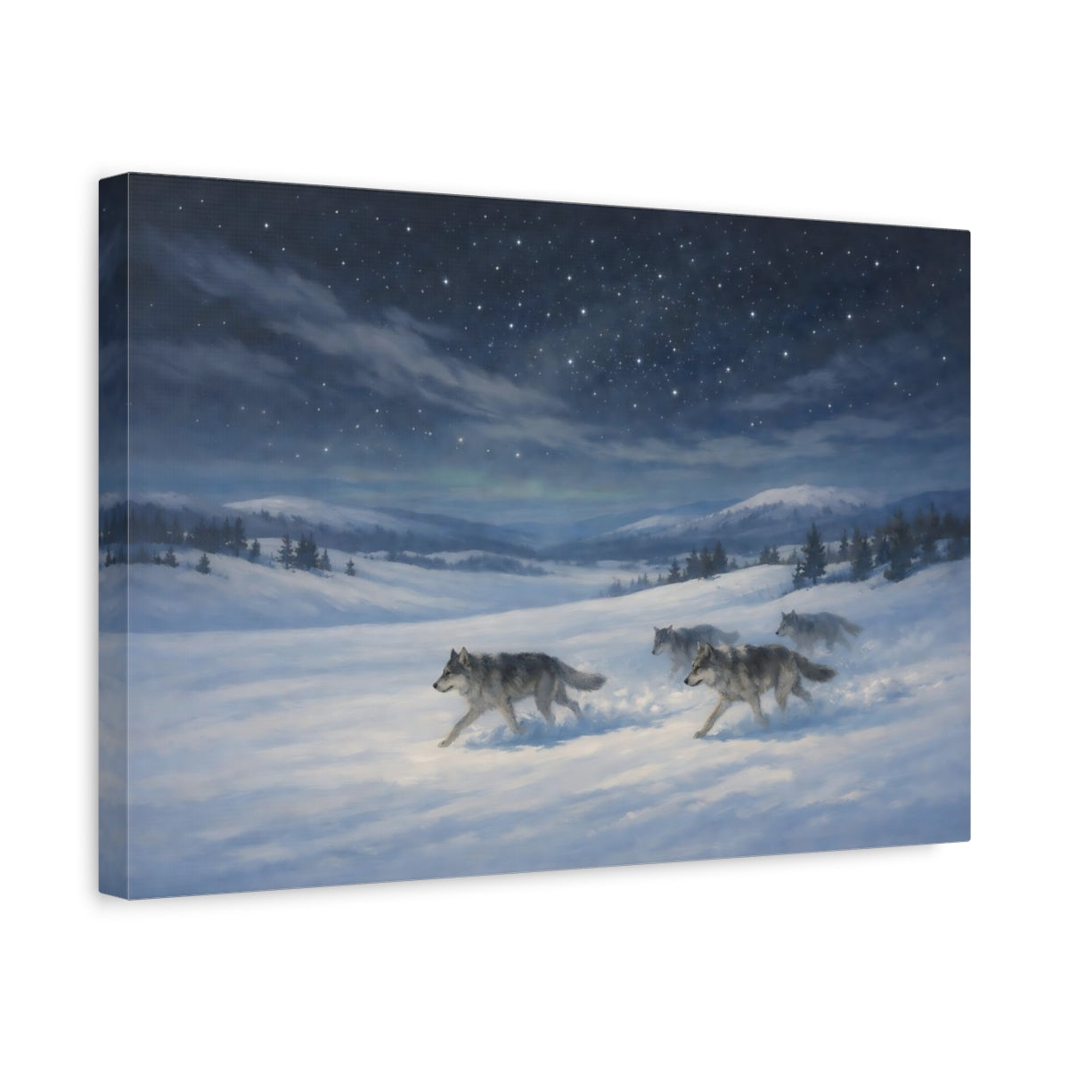 Side Mockup 4. Animals Wolves Blue And White shown as stretched canvas wall art
