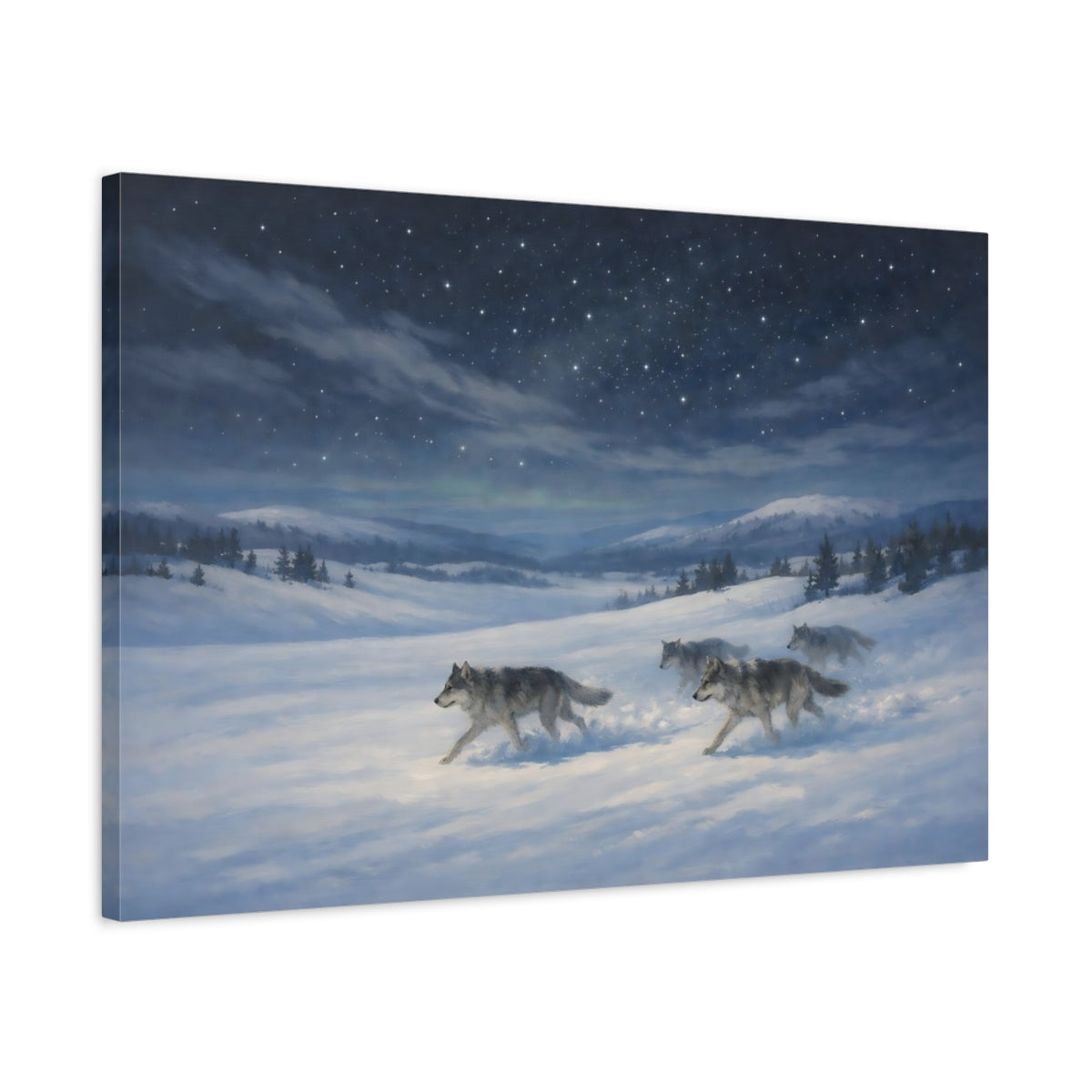 Side Mockup 2. Animals Wolves Blue And White shown as stretched canvas wall art