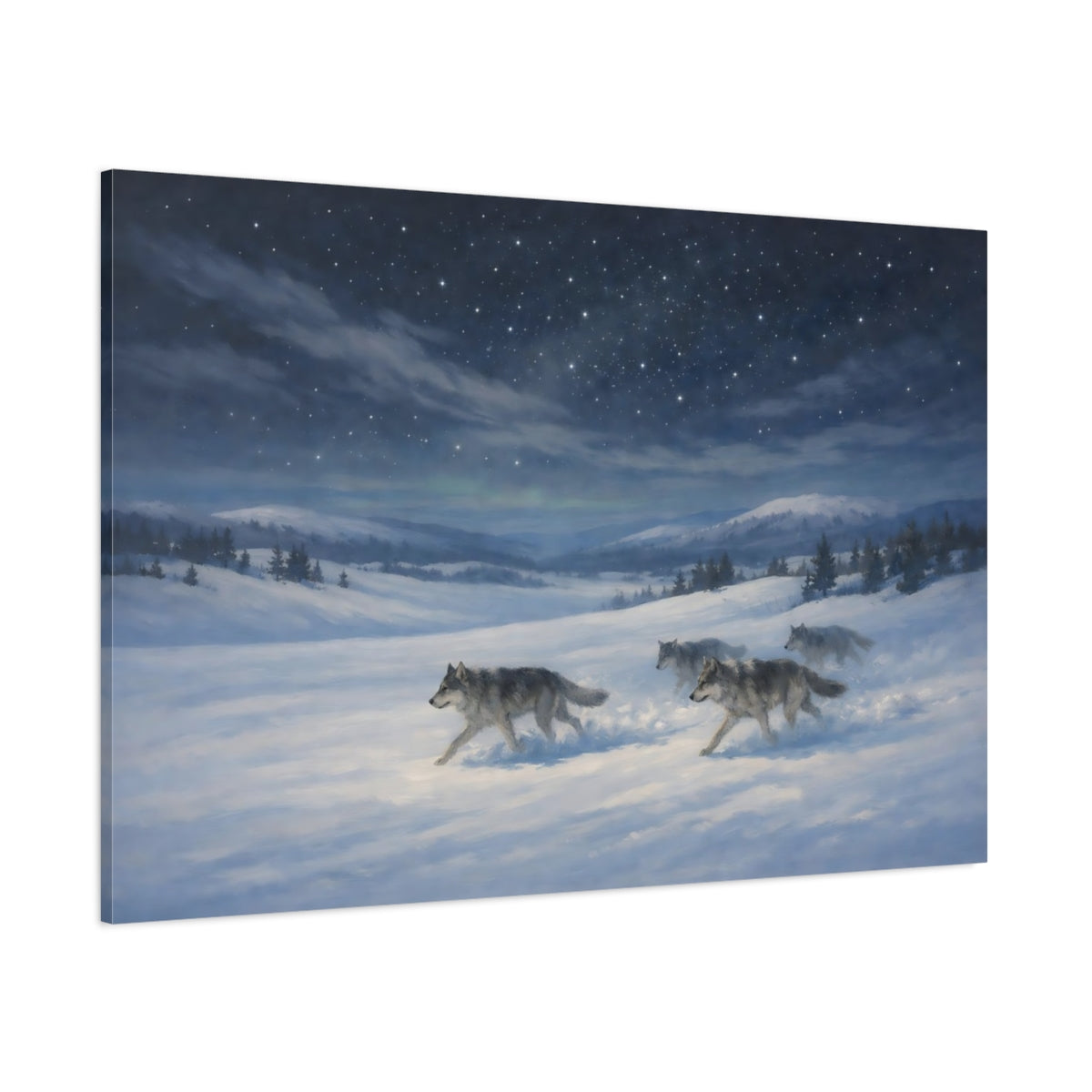 Side Mockup 1. Animals Wolves Blue And White shown as stretched canvas wall art