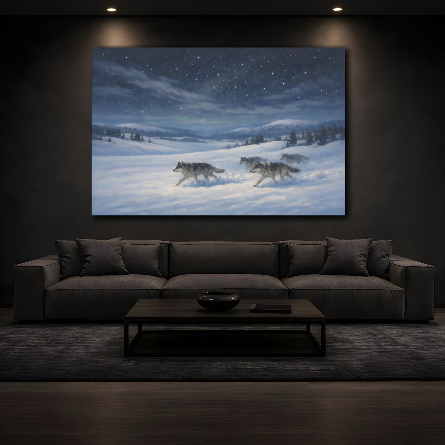 Mockup 2. Animals Wolves Blue And White shown as stretched canvas wall art