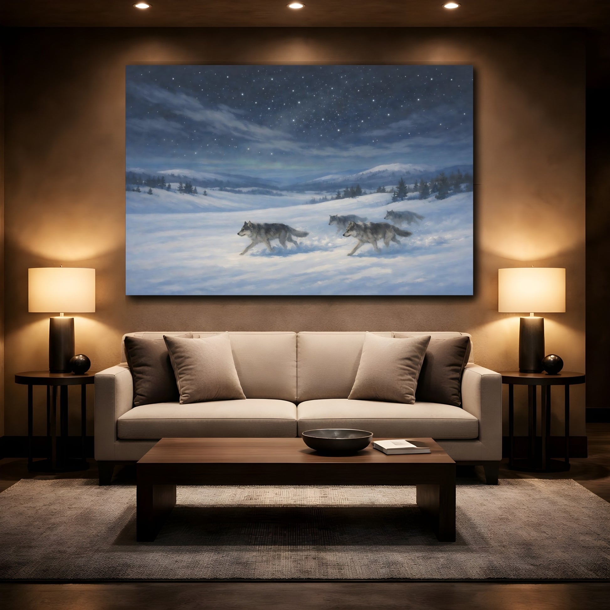 Mockup 3. Animals Wolves Blue And White shown as stretched canvas wall art