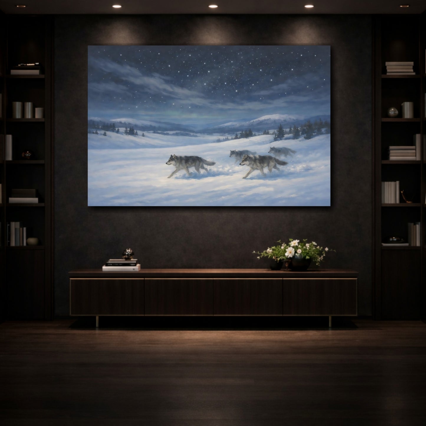Mockup 4. Animals Wolves Blue And White shown as stretched canvas wall art
