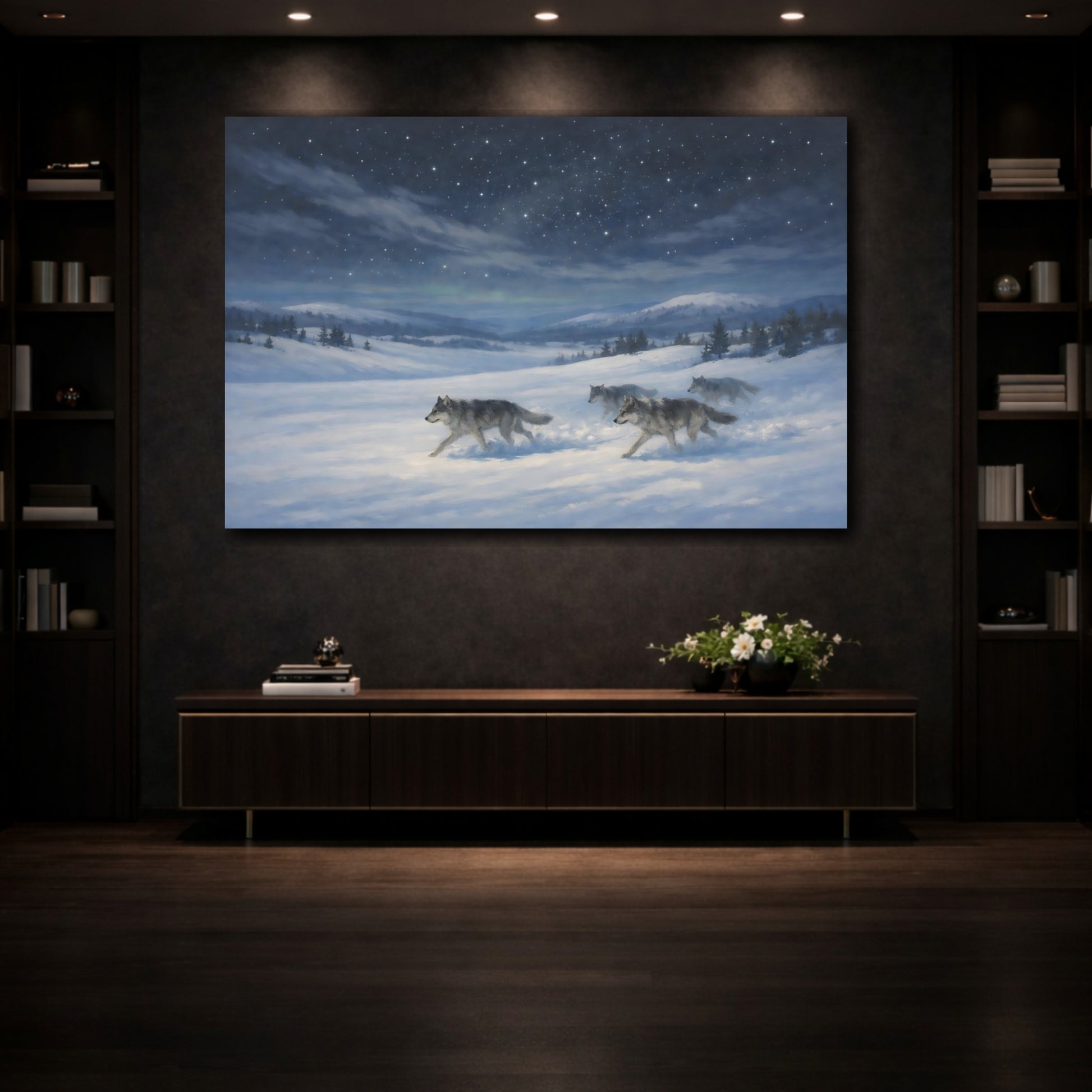 Mockup 4. Animals Wolves Blue And White shown as stretched canvas wall art