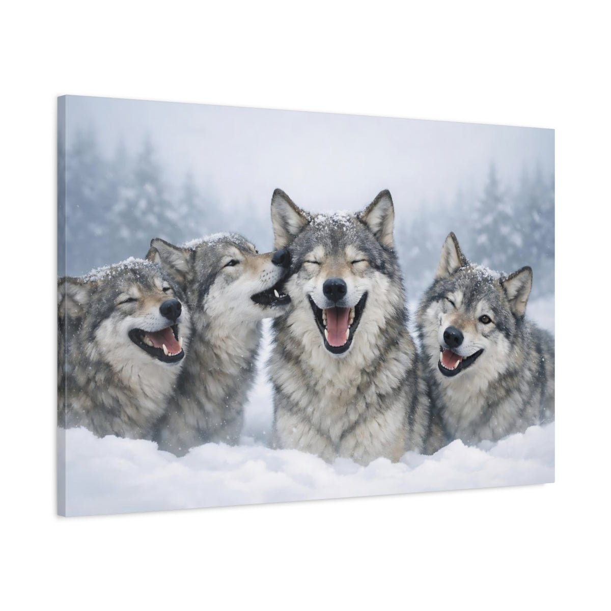 Animals Wolves Happy In Snow - Canvas Wall Art Print - YesArtYes