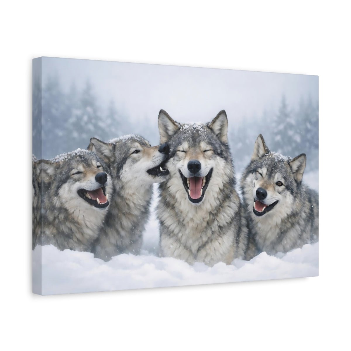 Animals Wolves Happy In Snow - Canvas Wall Art Print - YesArtYes
