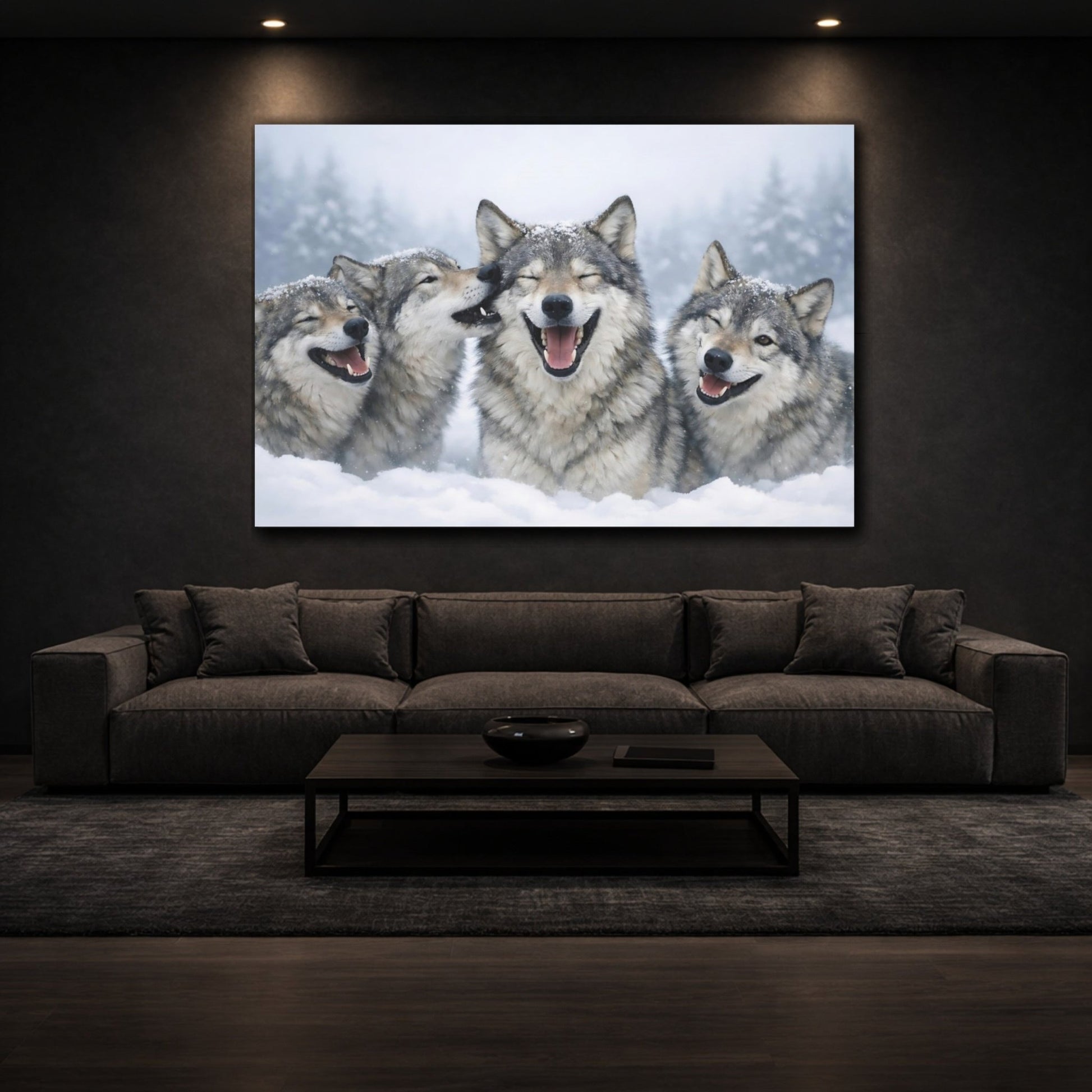 Animals Wolves Happy In Snow - Canvas Wall Art Print - YesArtYes