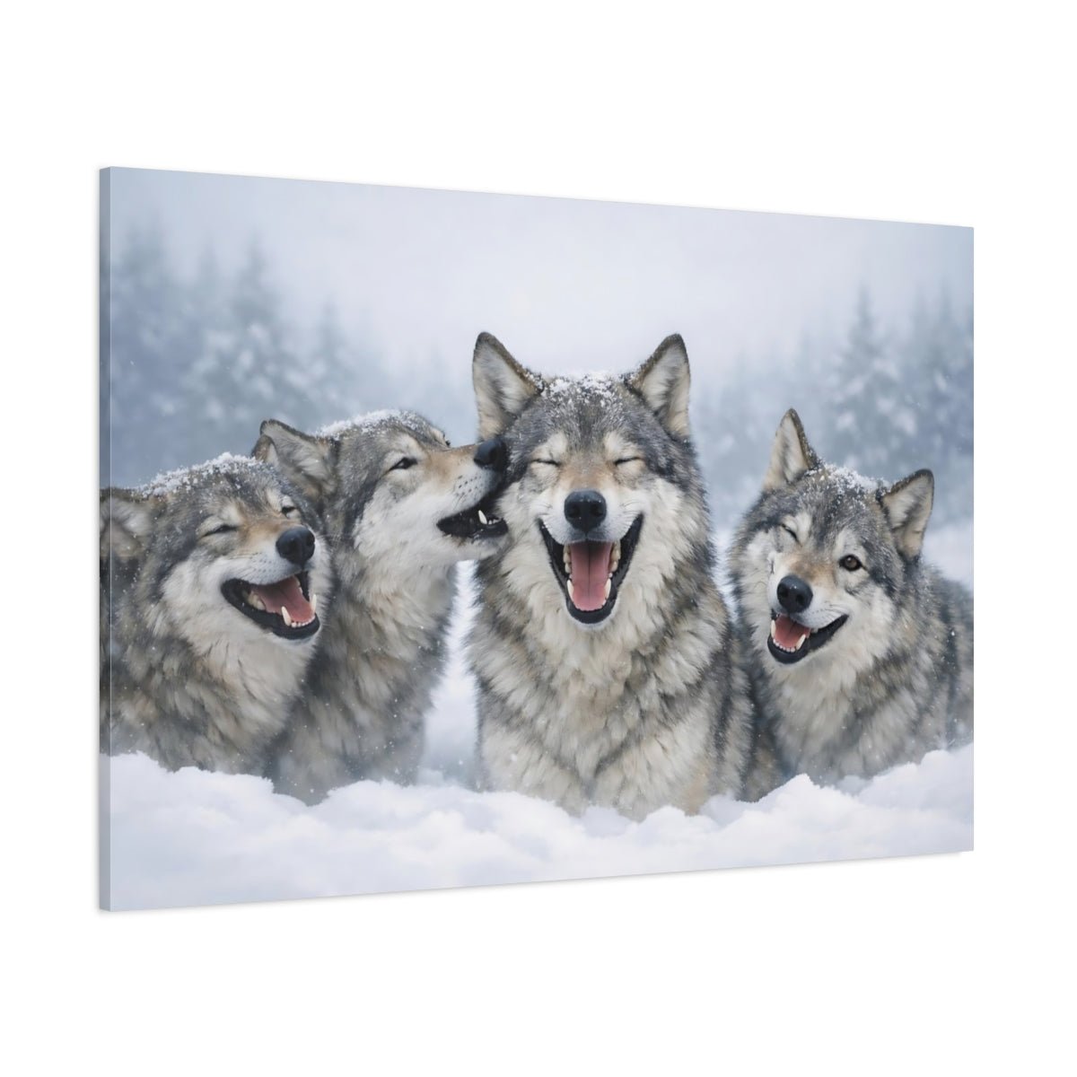 Animals Wolves Happy In Snow - Canvas Wall Art Print - YesArtYes