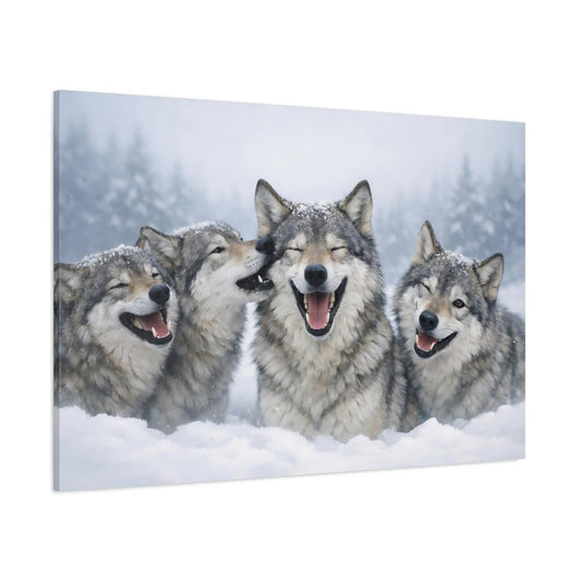 Animals Wolves Happy In Snow - Canvas Wall Art Print - YesArtYes