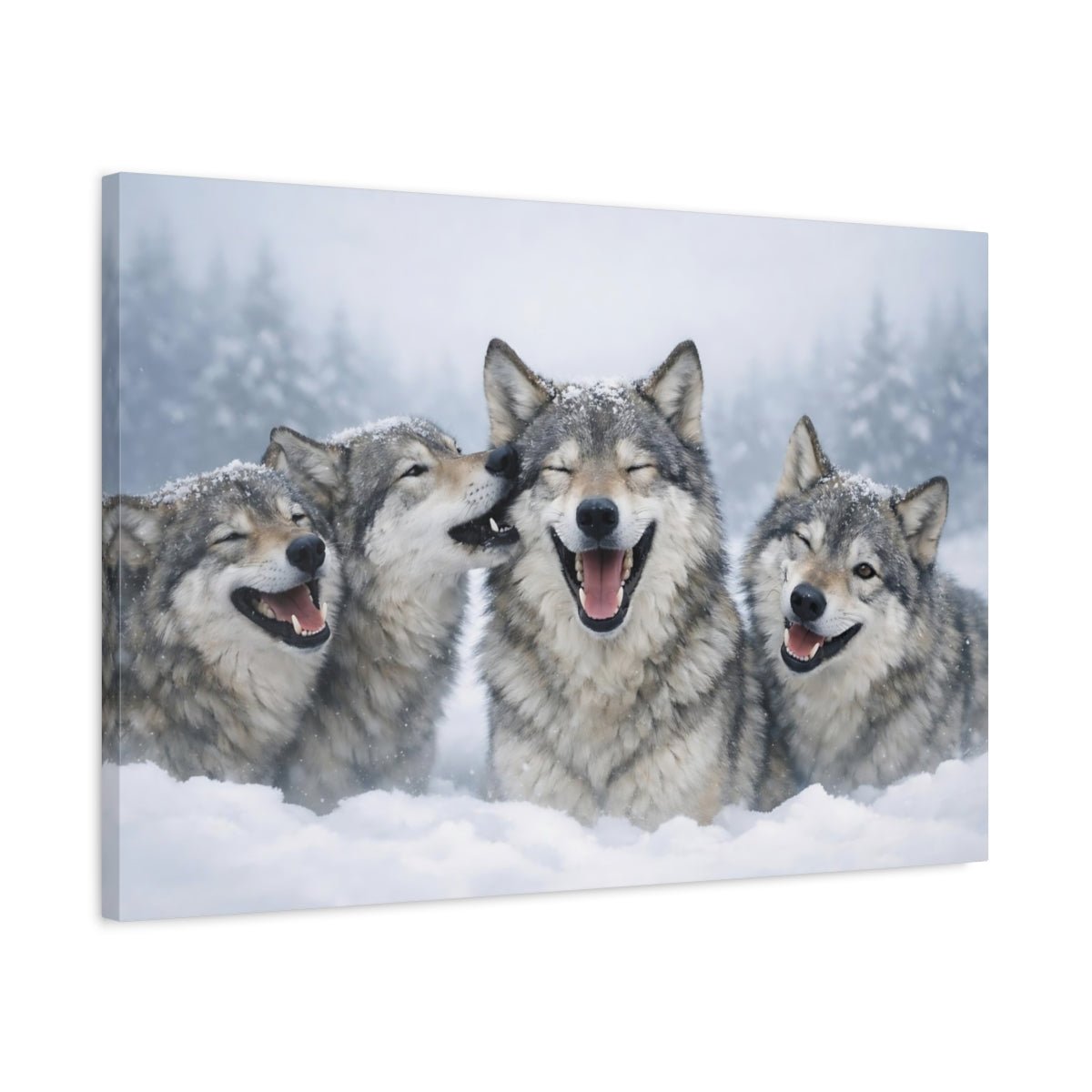 Animals Wolves Happy In Snow - Canvas Wall Art Print - YesArtYes