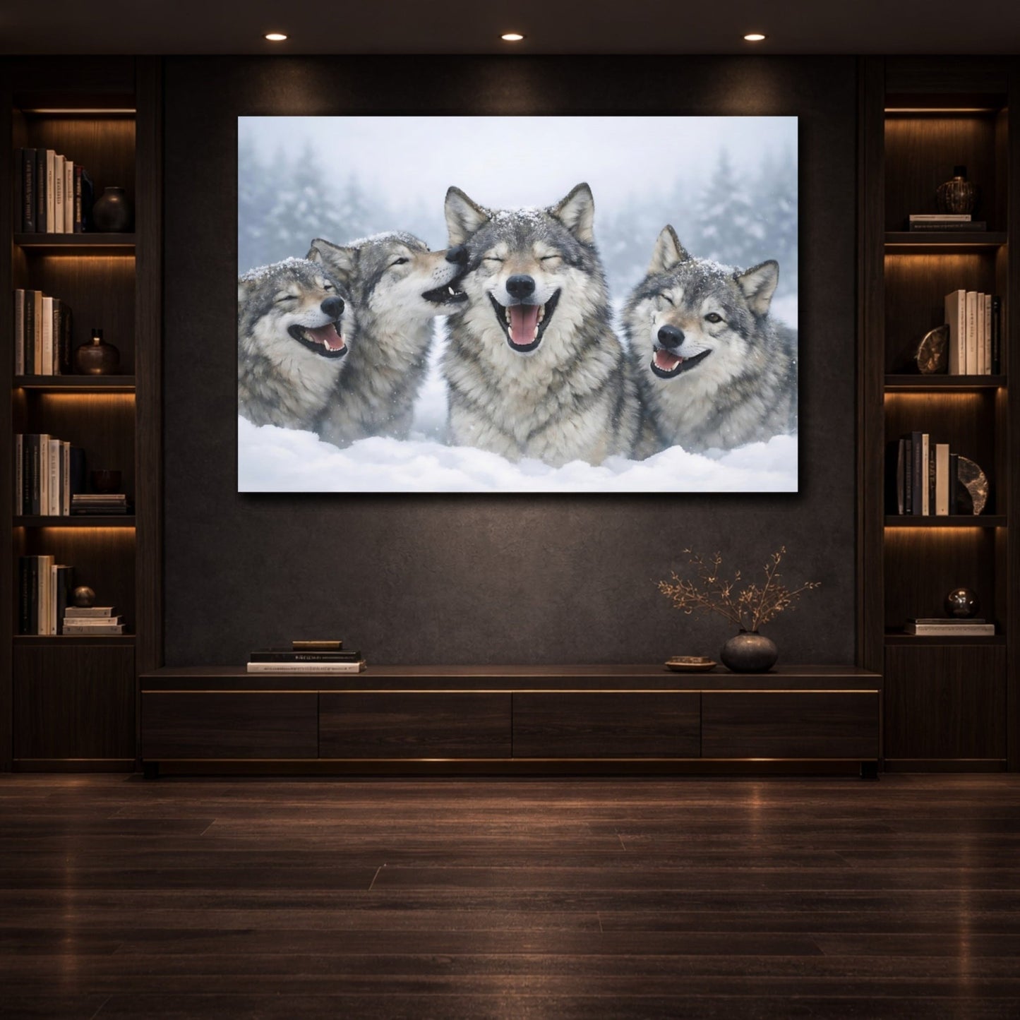 Animals Wolves Happy In Snow - Canvas Wall Art Print - YesArtYes