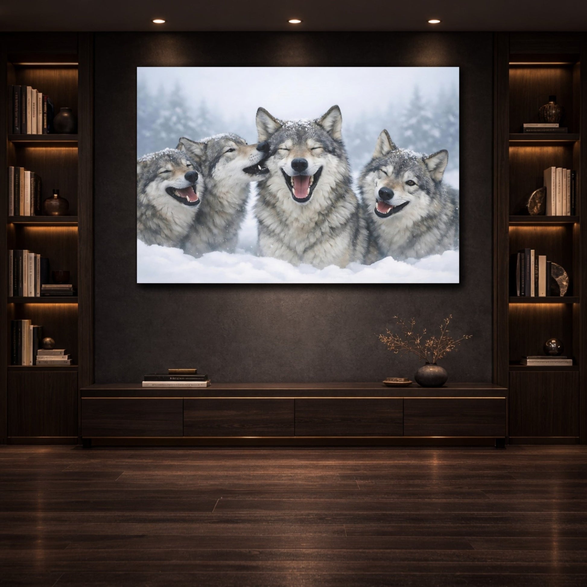 Animals Wolves Happy In Snow - Canvas Wall Art Print - YesArtYes