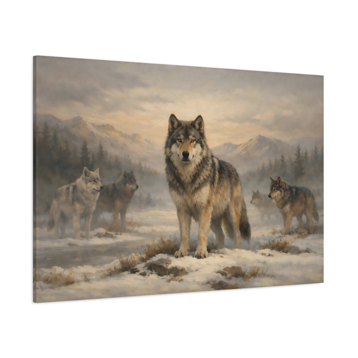 Main Mockup. Animals Wolves Winter Wolf Pack shown as stretched canvas wall art