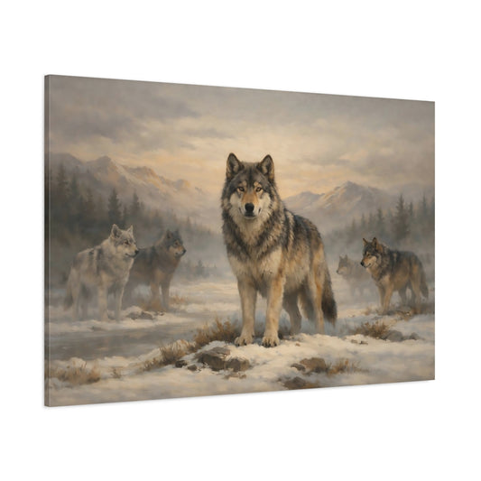 Main Mockup. Animals Wolves Winter Wolf Pack shown as stretched canvas wall art